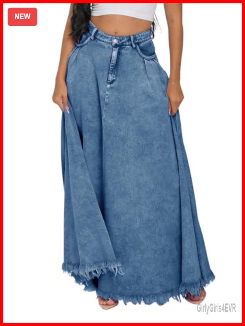 Boho Distressed High Waist A-Line Maxi Denim Skirt Frayed Hem Women's